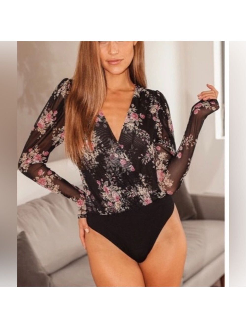 Wffs sheer wrap style dark floral layering long sleeve bodysuit medium
